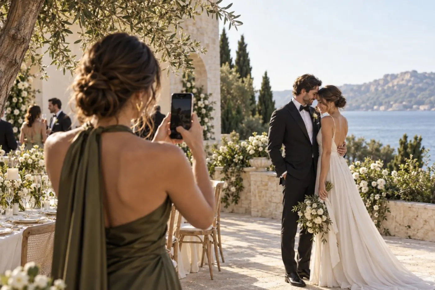 Invitada fotografiando a los novios desde el móvil en una terraza de boda