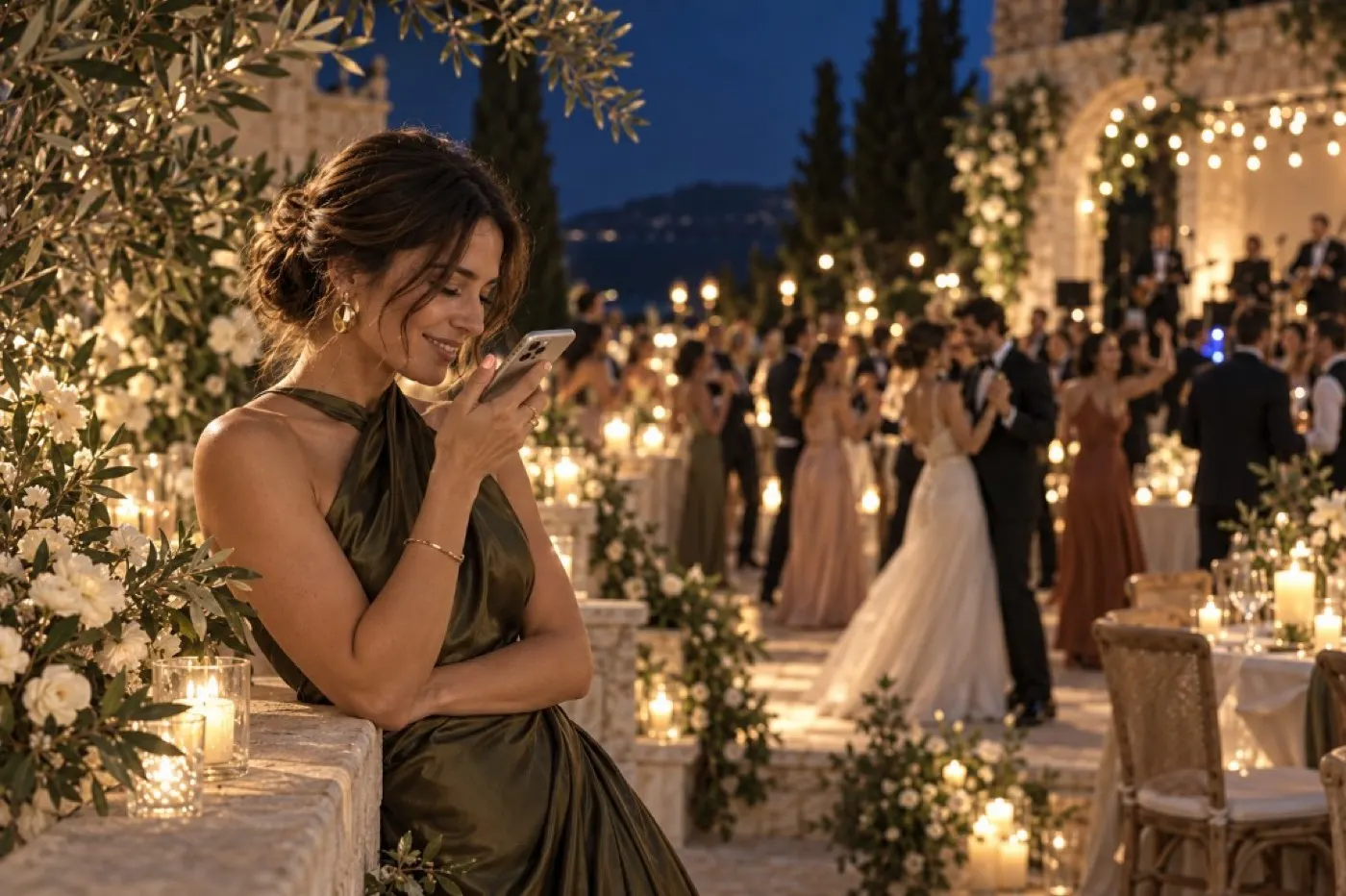 Invitada en una boda de noche mirando el móvil mientras la pareja baila al fondo