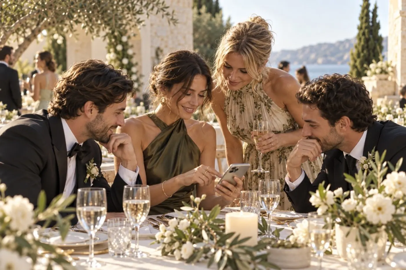 Grupo de invitados alrededor de un móvil durante el banquete