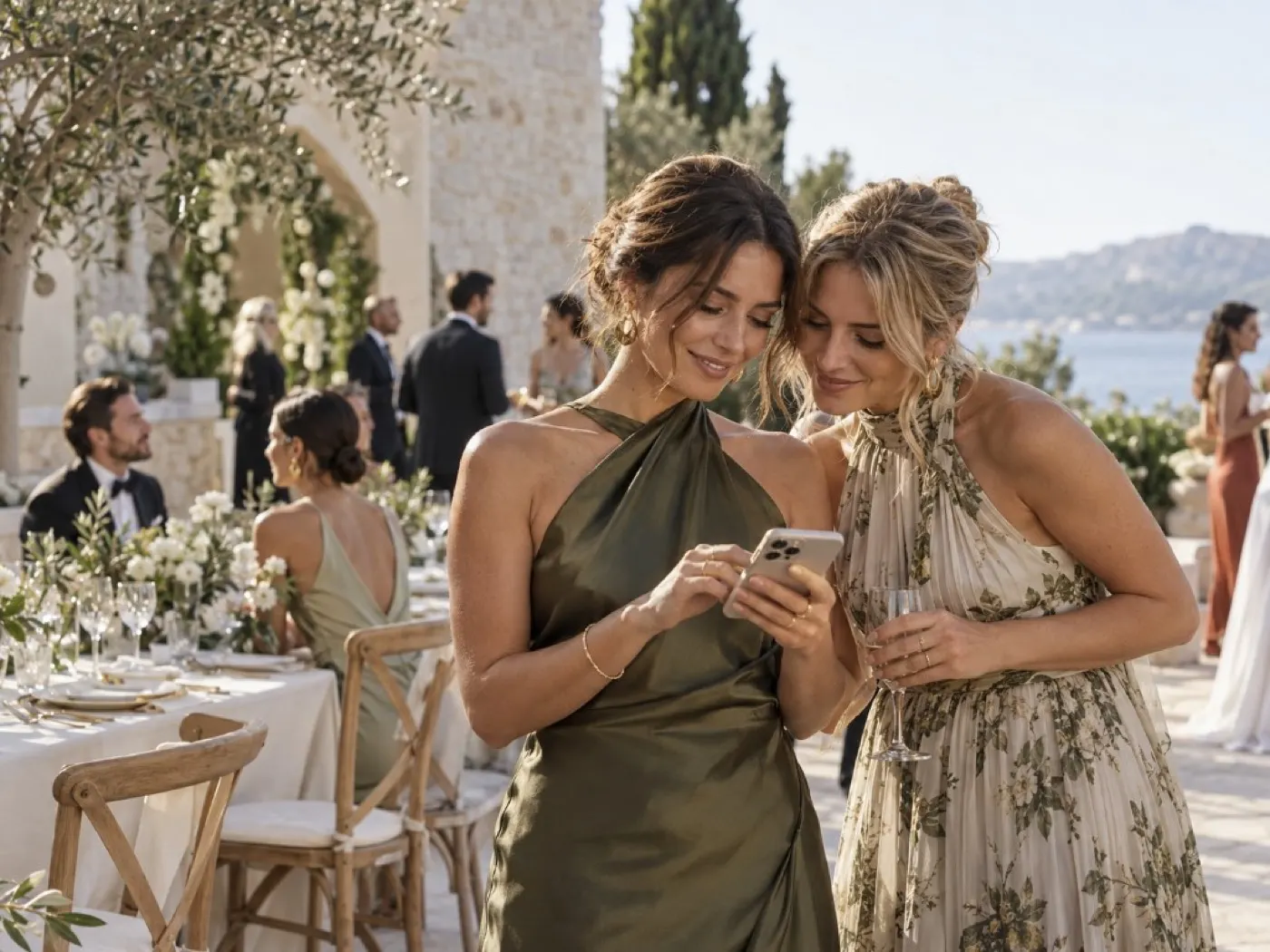 Dos invitadas compartiendo algo en el móvil en una terraza de boda