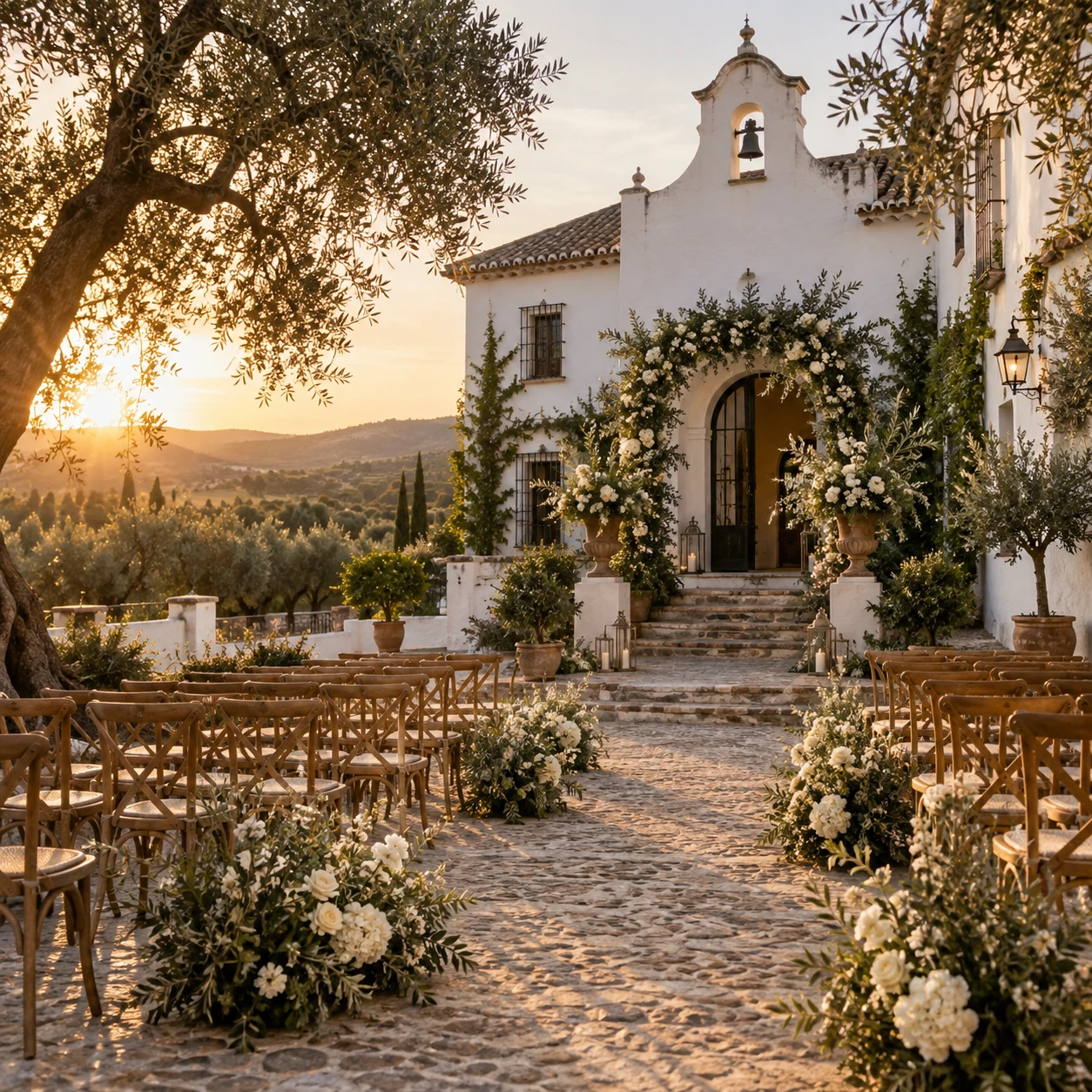 Hacienda entre olivos al atardecer