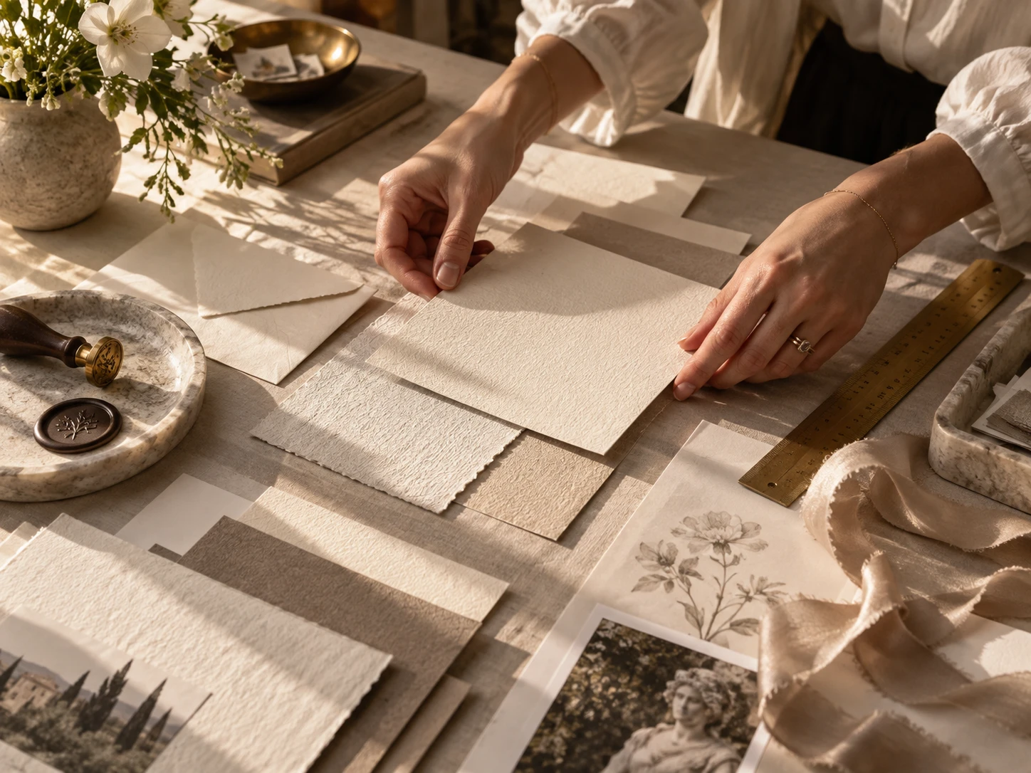 Diseñadora preparando una composición de papelería de boda