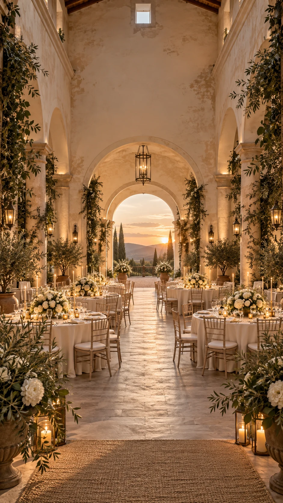 Salón de boda ilustrativo, con mesas vestidas, flores blancas y luz cálida