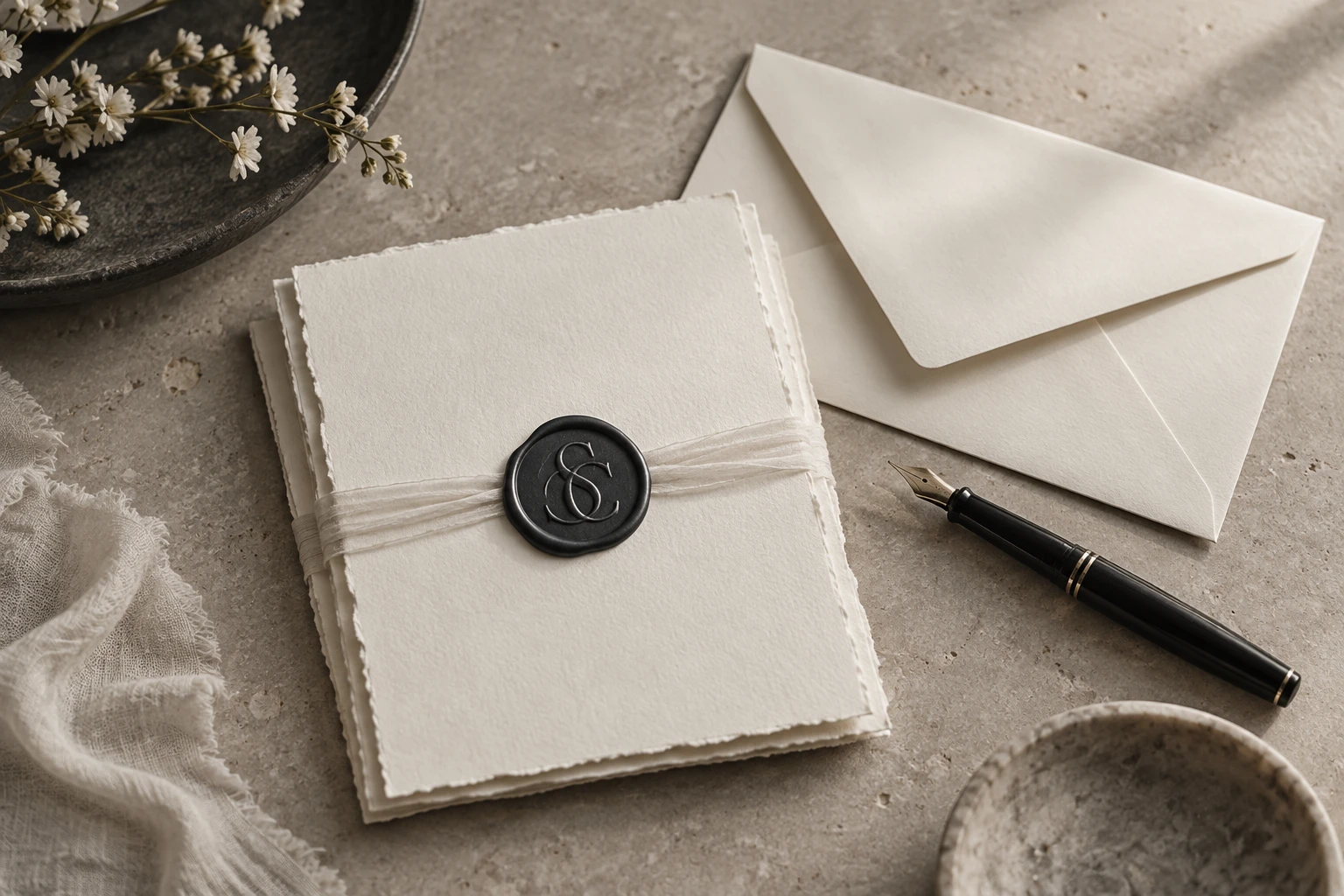 Papelería de boda sobre una mesa