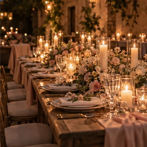 Cena iluminada con velas y flores